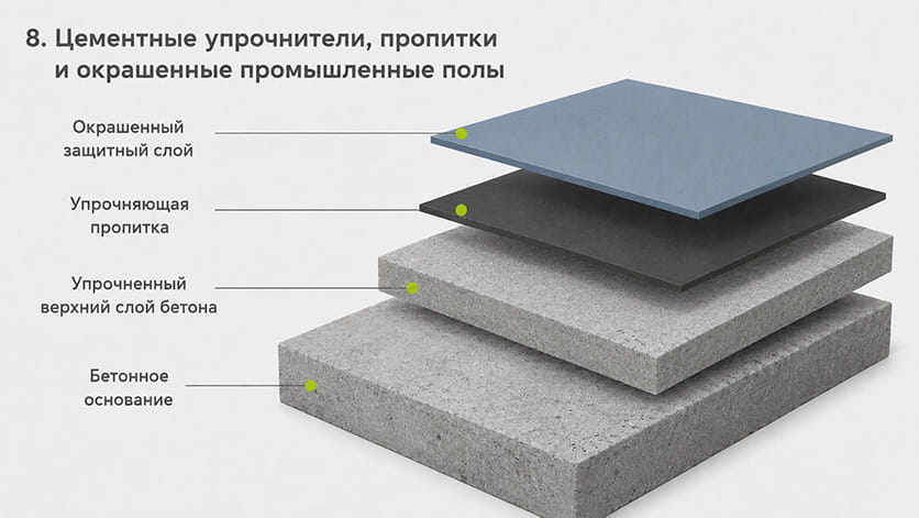 Цементные упрочнители, пропитки и окрашенные промышленные полы
