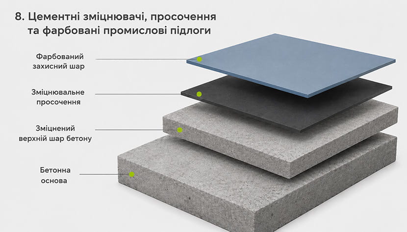 Цементні зміцнювачі, просочення та фарбовані промислові підлоги