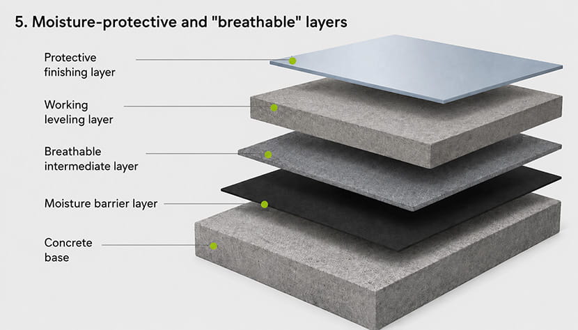 Moisture-Protective and Vapor-Permeable Layers for Concrete Substrates